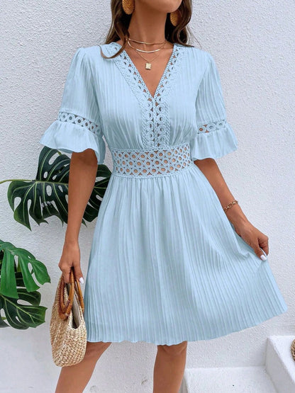 Cutout V-Neck Flounce Sleeve Mini Dress Light Blue