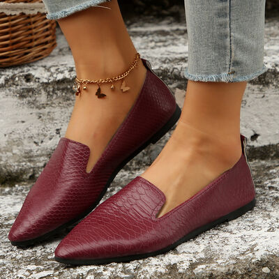 Snake Print Pointed Toe Slip-Ons Burgundy