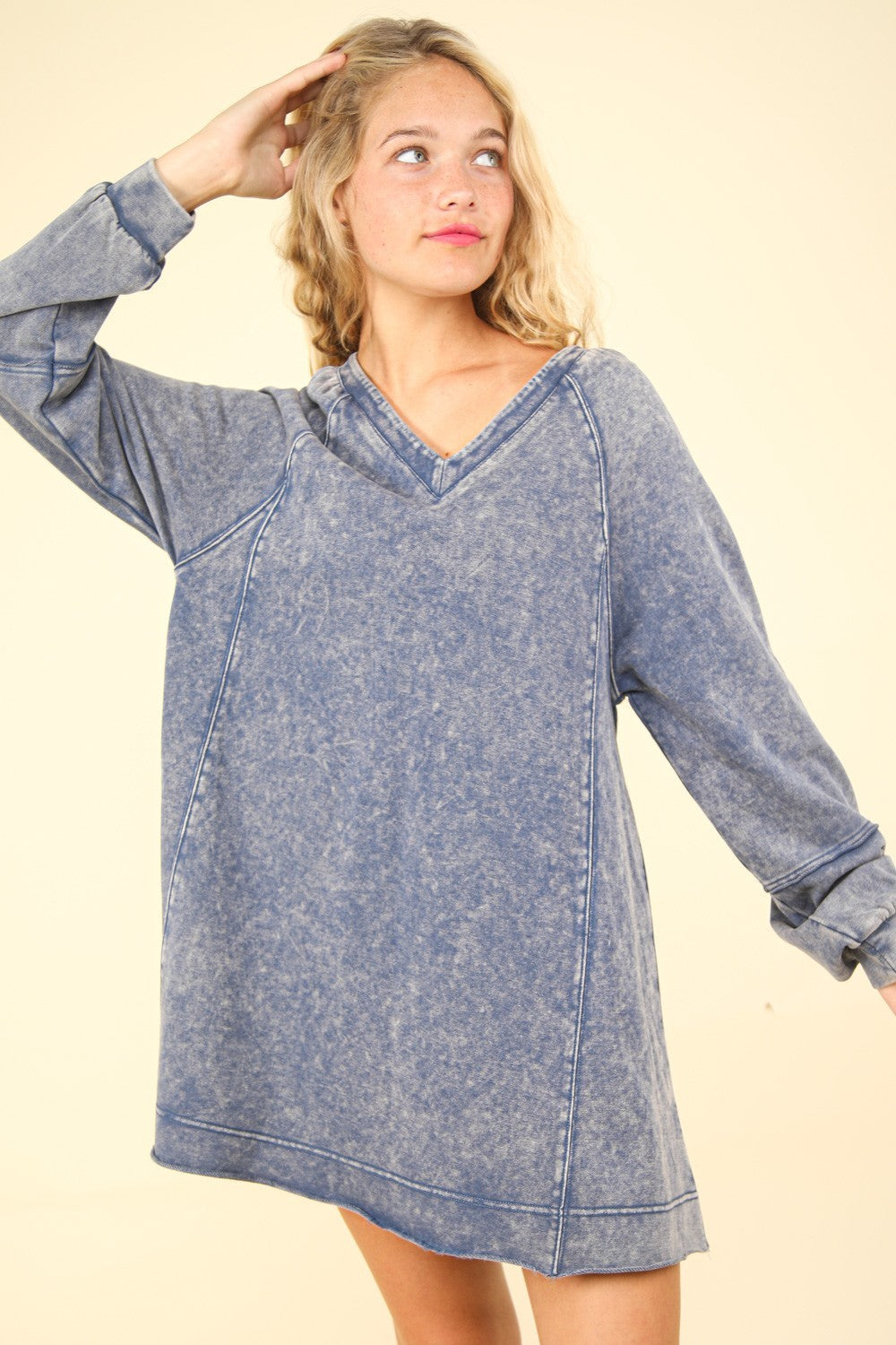 VERY J Mineral Washed Oversized A-Line Mini Dress Denim