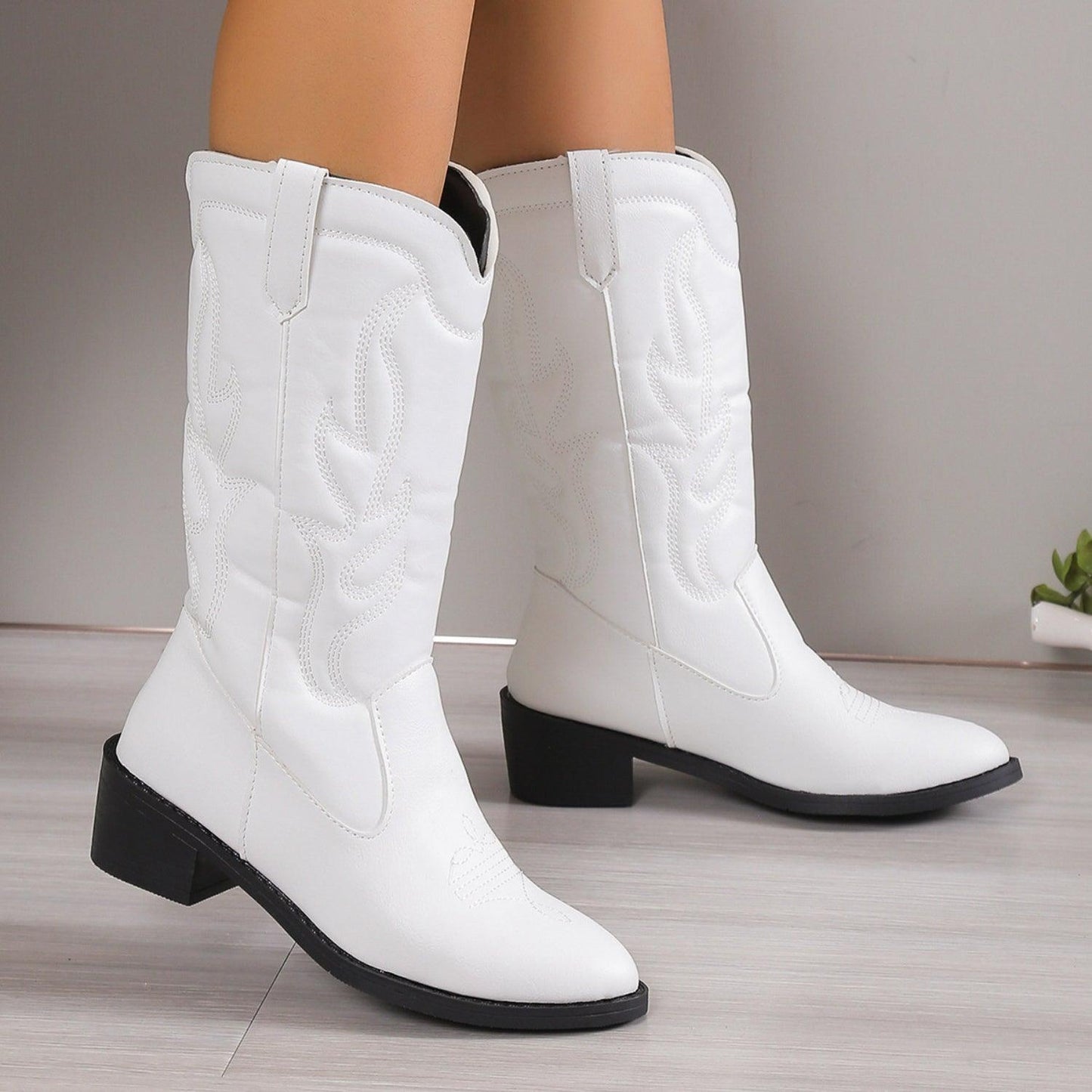 PU Leather Point Toe Block Heel Boots White
