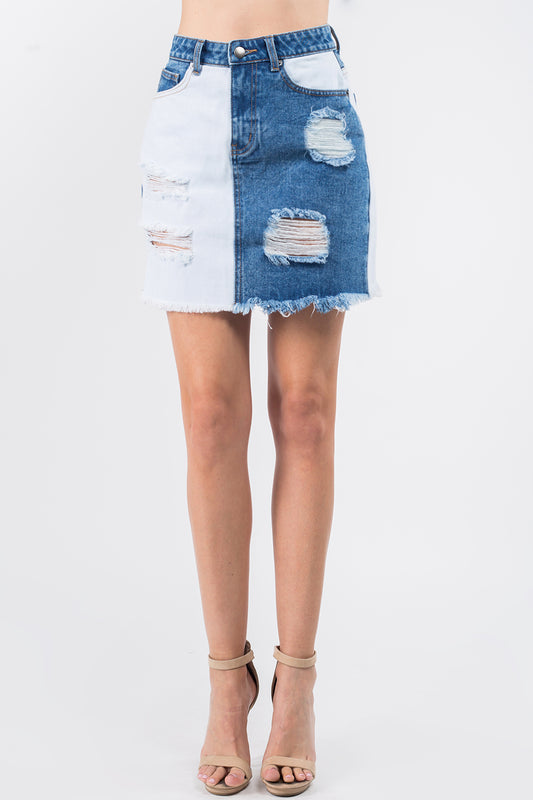 American Bazi Contrast Patched Frayed Denim Distressed Skirts Blue White