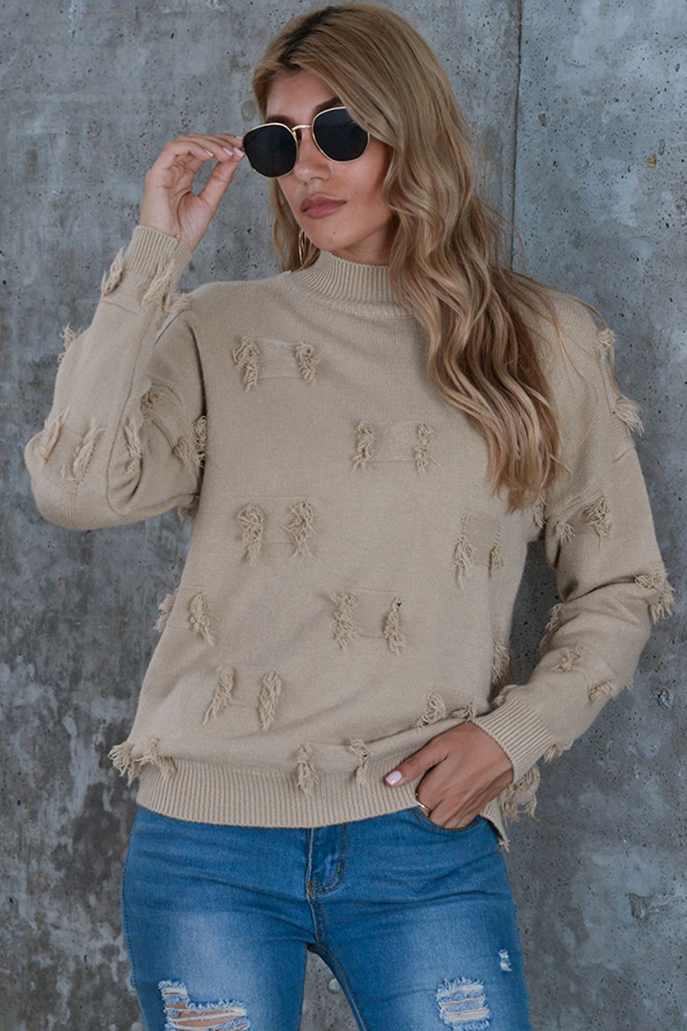 Mock Neck Frayed Trim Sweater Mocha