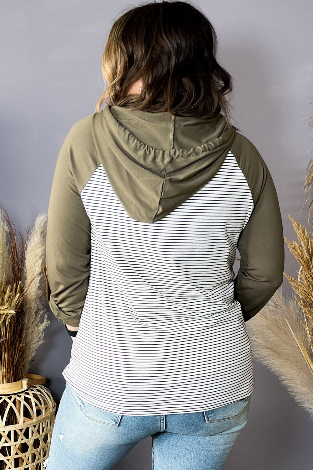 Green Striped Raglan Sleeve Buttoned Pocket Plus Size Hoodie