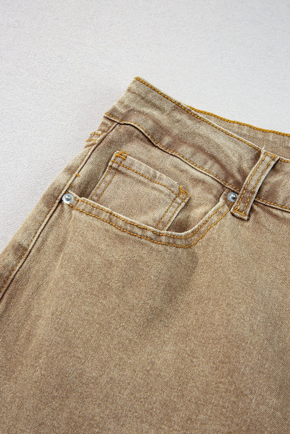 Light French Beige Acid Washed High Rise Cropped Wide Leg Jeans