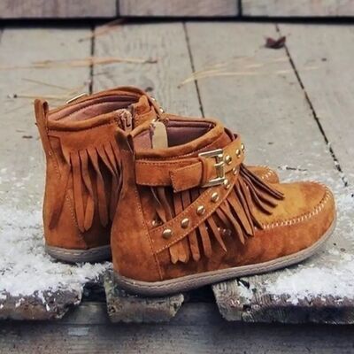 Fringe Studded Suede Flat Boots