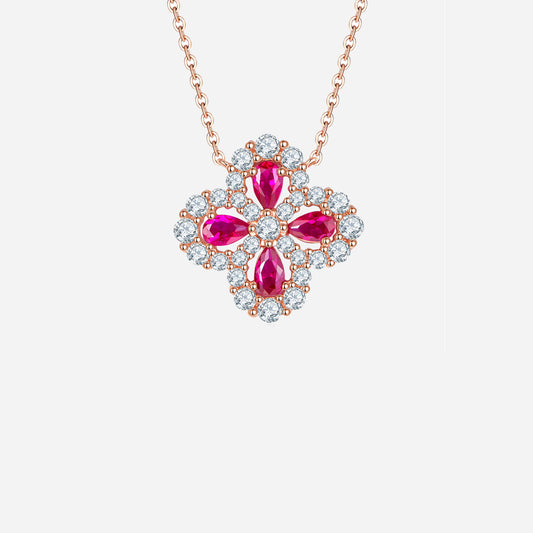 Lab-Grown Ruby 925 Sterling Silver Flower Shape Necklace - Thandynie