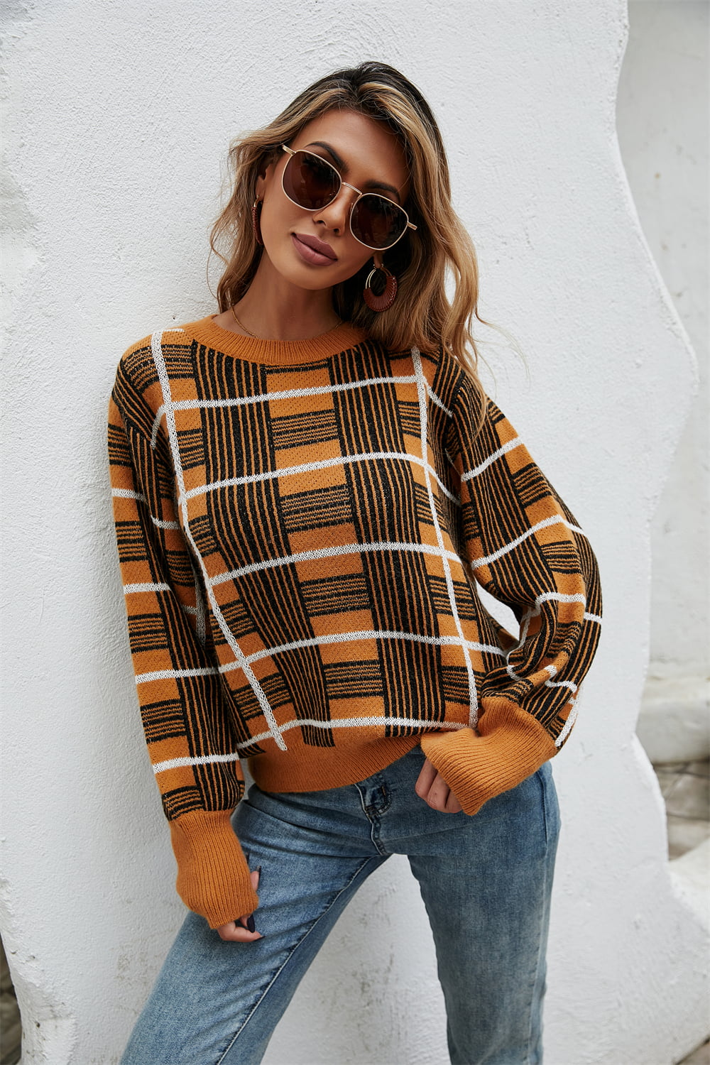 Printed Round Neck Dropped Shoulder Sweater Multicolor