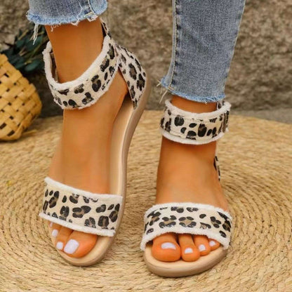 Animal Print Open Toe Sandals Khaki