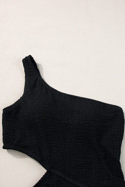 Black Solid Textured Cut Out One Shoulder Monokini