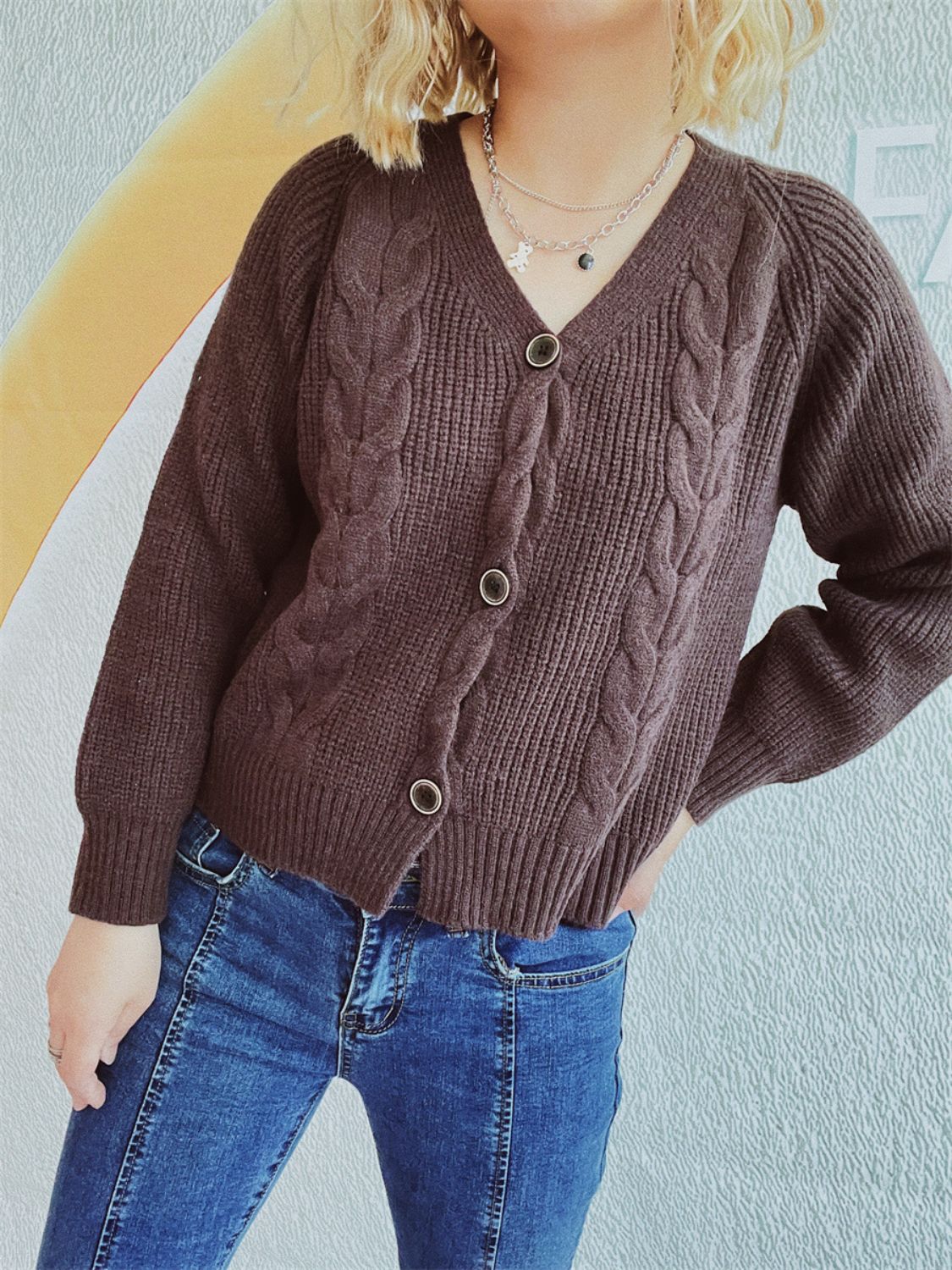 Cable-Knit V-Neck Button Down Long Sleeve Cardigan Brown One Size