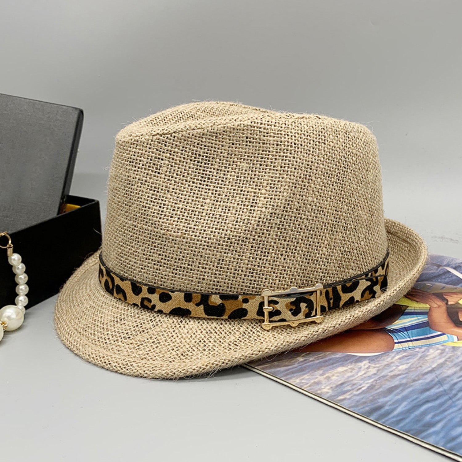 Short Brim Jute Cloth Hat Leopard One Size