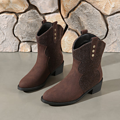 Suede Point Toe Block Heel Boots Brown