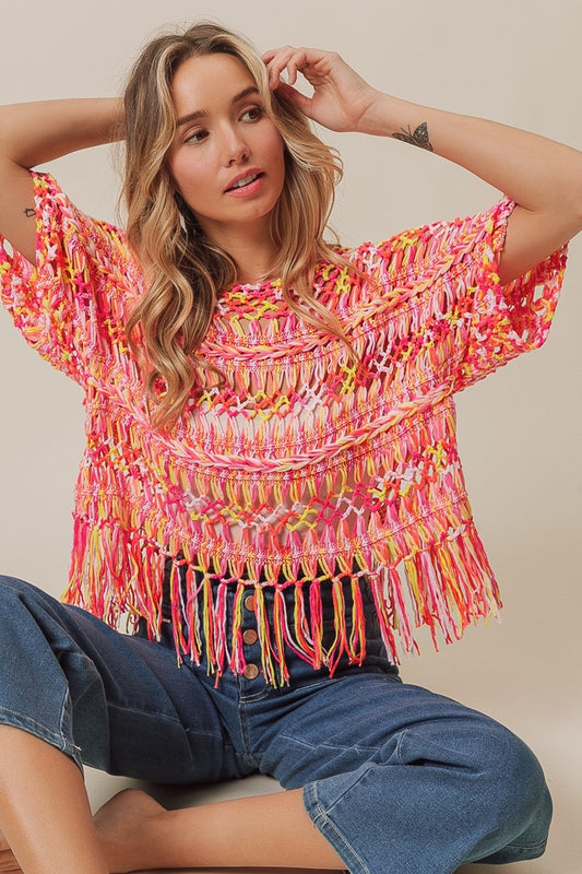 BiBi Openwork Fringed Knit Cover Up Neon Multi