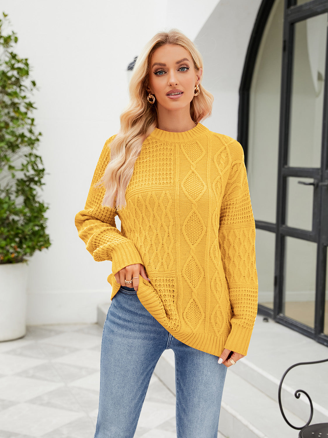 Round Neck Dropped Shoulder Sweater Gold