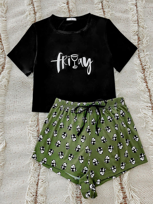 Graphic Tee and Panda Print Shorts Lounge Set Green