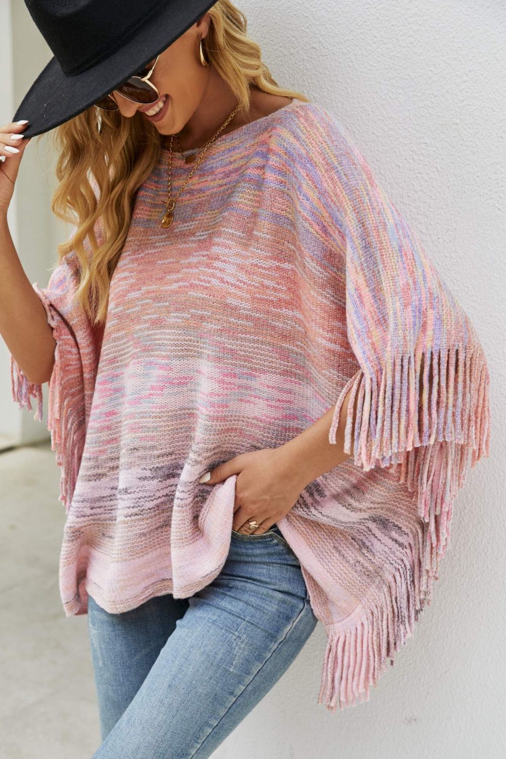 Round Neck Fringe Detail Poncho - Thandynie