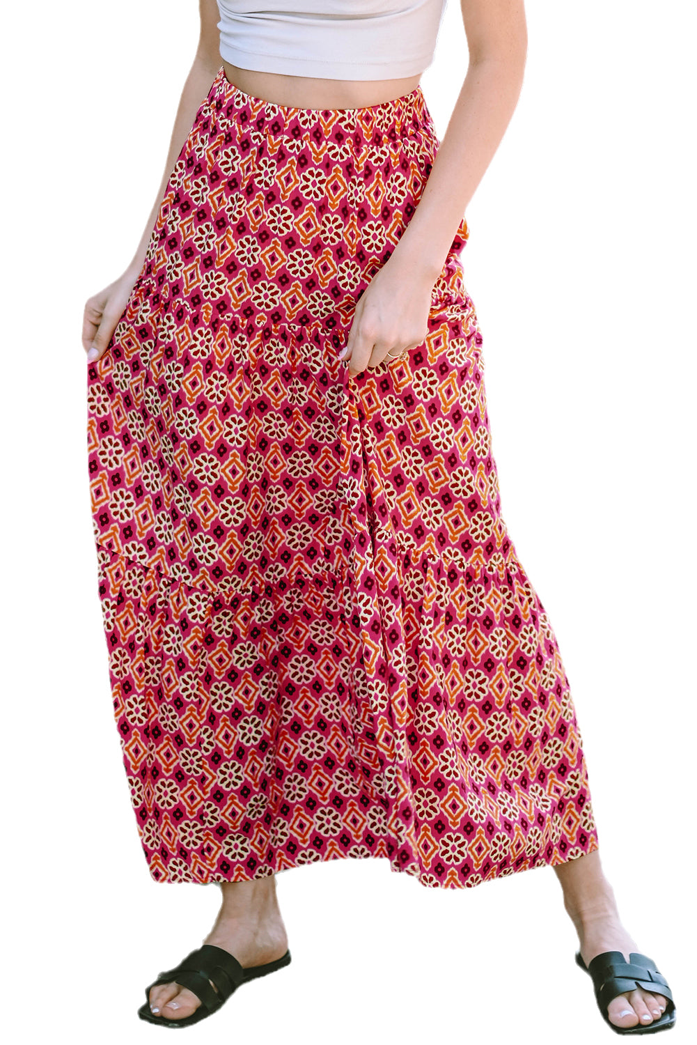 Rose Vintage Boho Floral Print Tiered Maxi Skirt