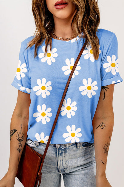 Printed Round Neck Short Sleeve T-Shirt Light Blue