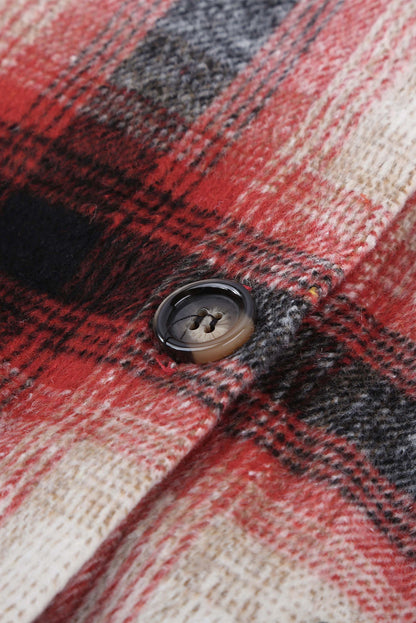 Red Turn down Neck Plaid Pocket Button Closure Coat