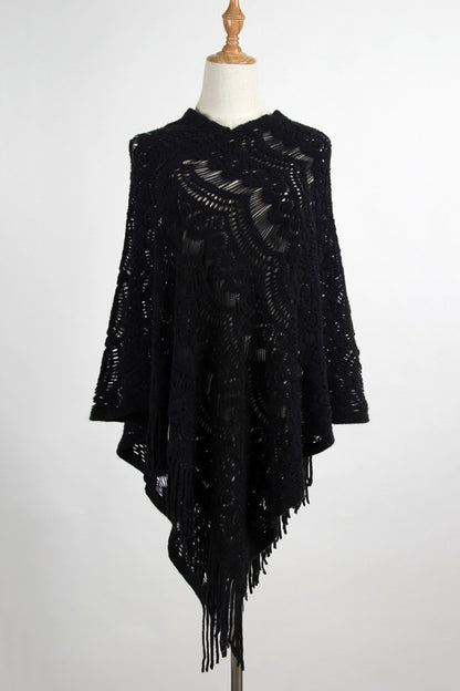 Fringe Openwork Surplice Cape Sleeve Poncho Black One Size