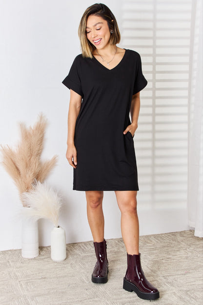 Zenana Full Size Rolled Short Sleeve V-Neck Dress