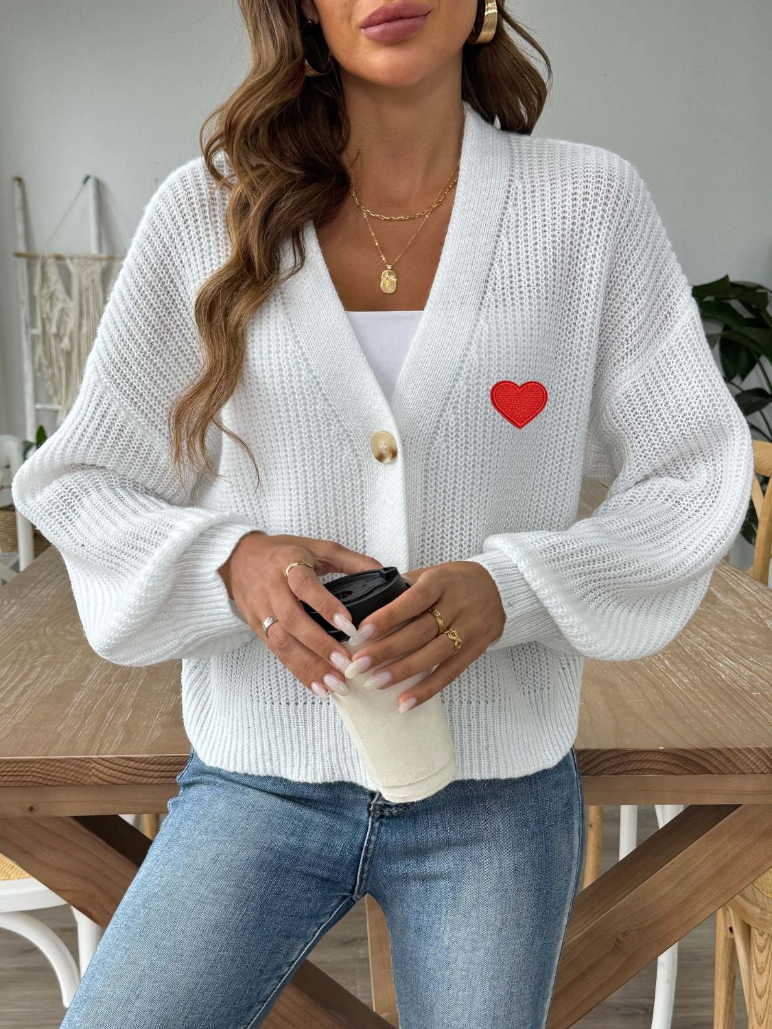 Heart Button Down V-Neck Long Sleeve Cardigan