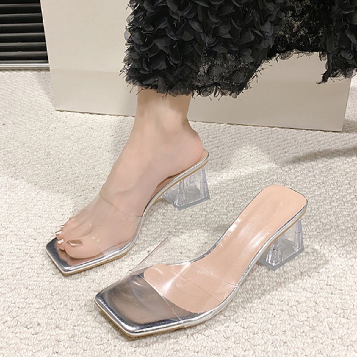 Open Toe Block Heel Sandals Silver