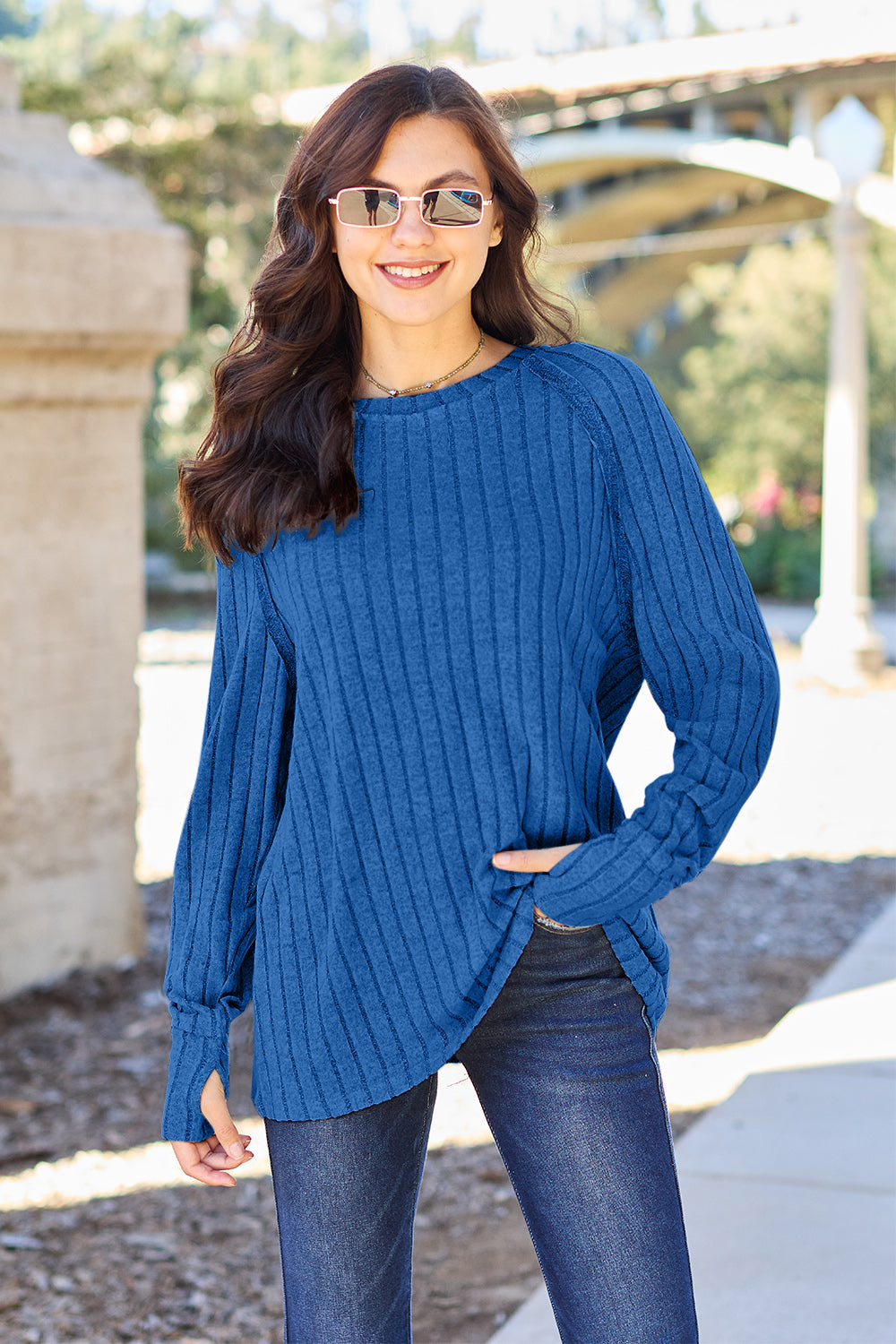 Basic Bae Full Size Ribbed Round Neck Long Sleeve Knit Top Royal Blue