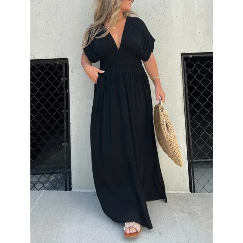 Fashion Bat-sleeved V-neck Slit Dress Summer Short Sleeve Elastic Waist Long Dresses Womens Clothing Black