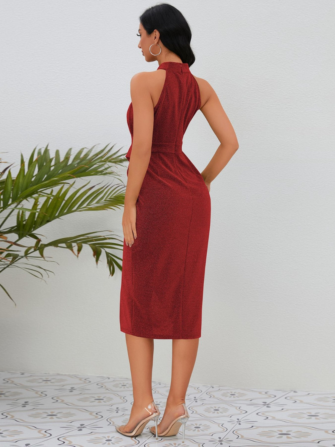 Slit Ruched Mock Neck Sleeveless Dress Burgundy