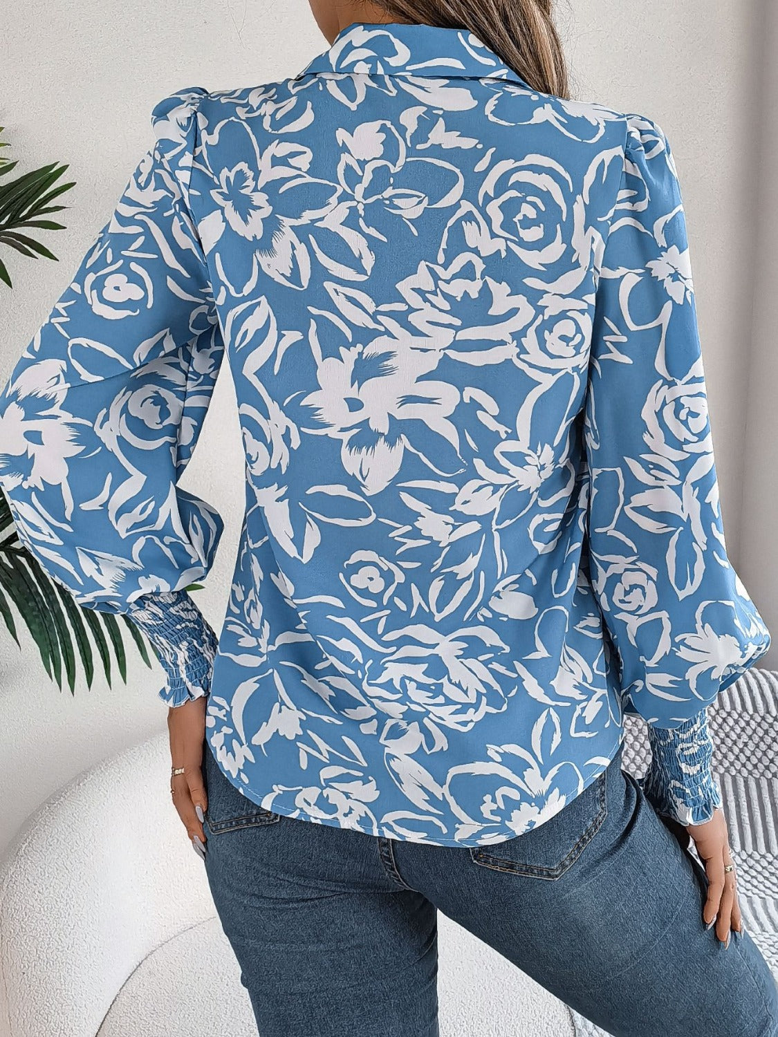 Printed Collared Neck Lantern Sleeve Shirt - Thandynie