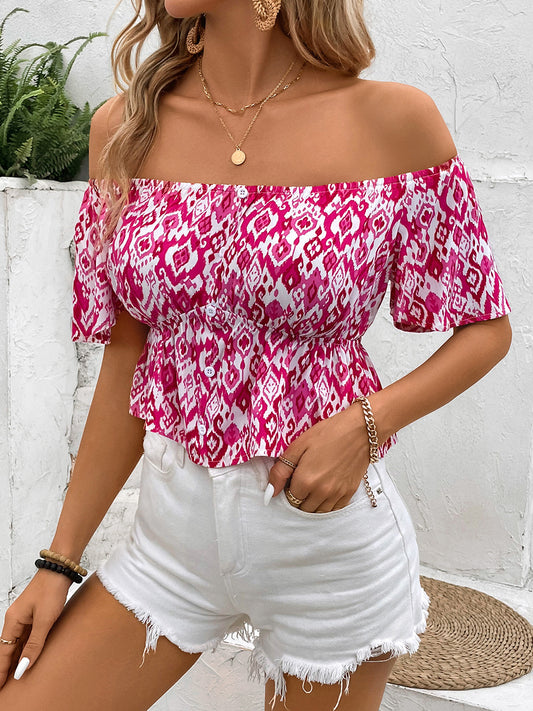 Peplum Printed Off-Shoulder Short Sleeve Blouse Hot Pink