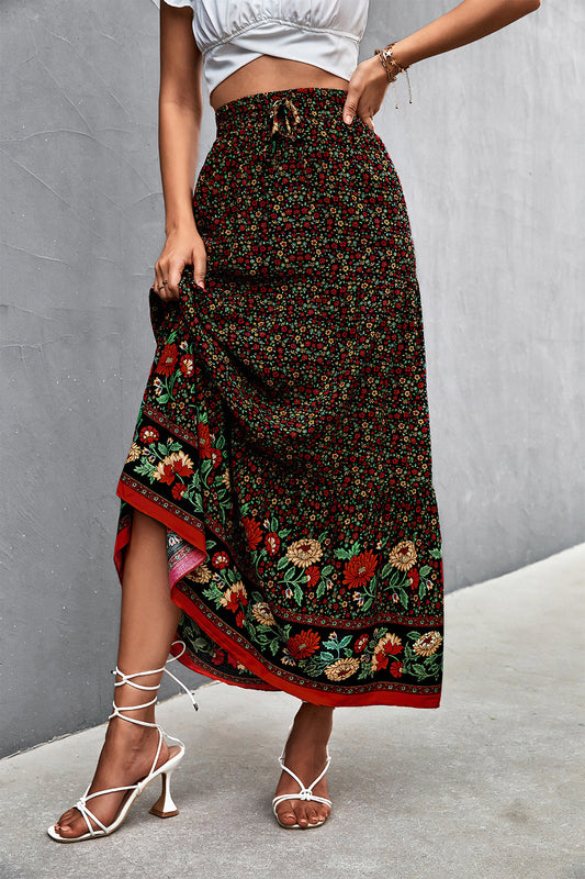 Floral Tied Maxi Skirt Black