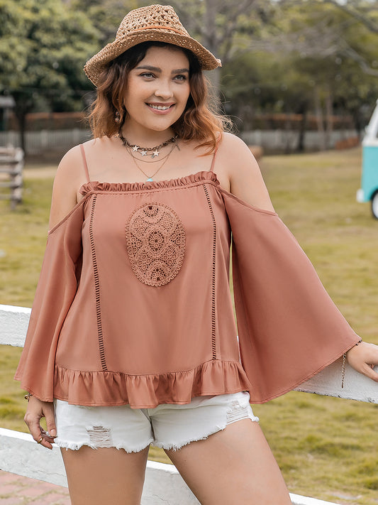 Plus Size Frill Square Neck Long Sleeve Blouse Caramel