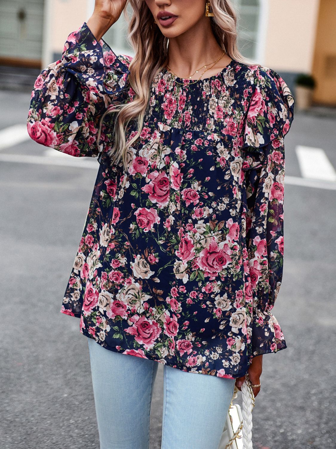 Smocked Round Neck Flounce Sleeve Blouse