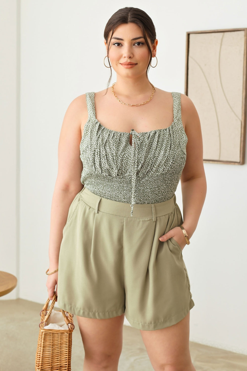 Zenobia Plus Size Half Elastic Waist Shorts with Pockets Sage