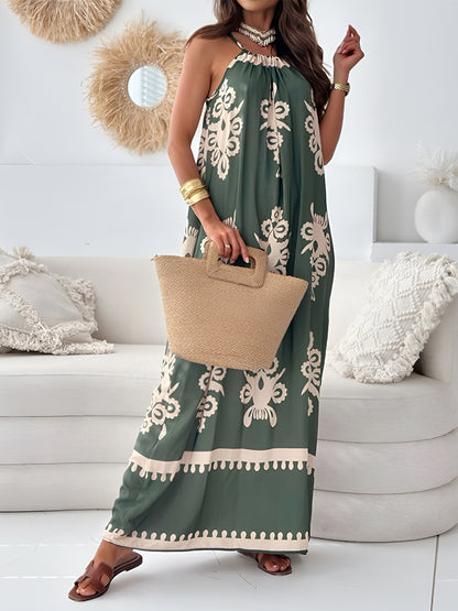 Printed Spaghetti Strap Sleeveless Maxi Dress Dark Green