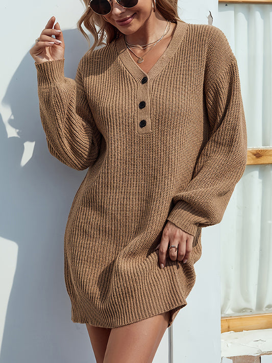 V-Neck Dropped Shoulder Mini Sweater Dress Camel