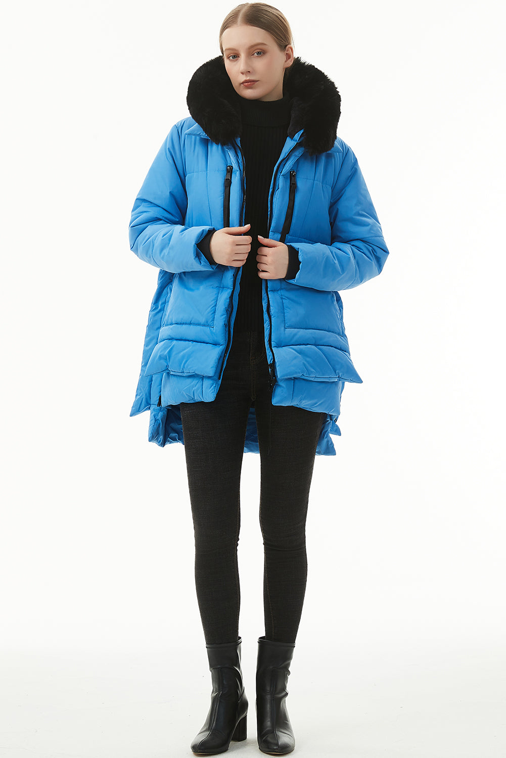 Blue Plush Linen Zip Up Hooded Puffer Coat