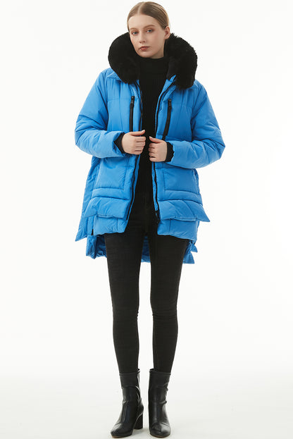 Blue Plush Linen Zip Up Hooded Puffer Coat