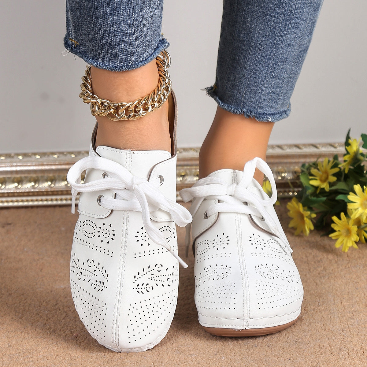 Lace-Up Round Toe Wedge Sandals White