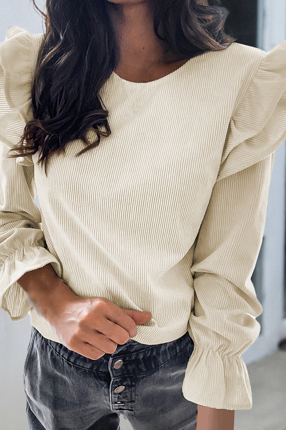 Ruffled Round Neck Flounce Sleeve Top - Thandynie