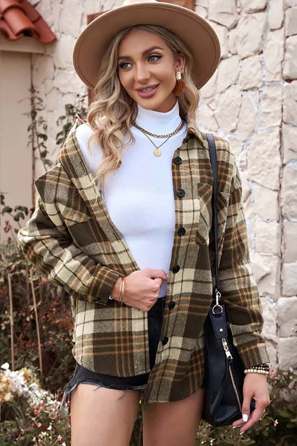 Plaid Collared Neck Button Up Jacket with Pockets - Thandynie