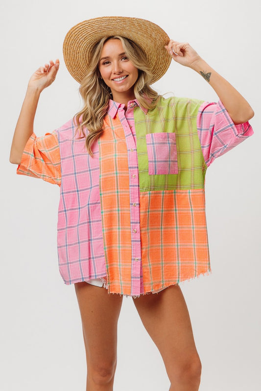 BiBi Plaid Collared Neck Half Sleeve Shirt Pink Peach Lime