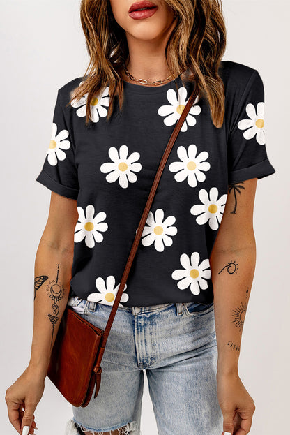 Printed Round Neck Short Sleeve T-Shirt Black