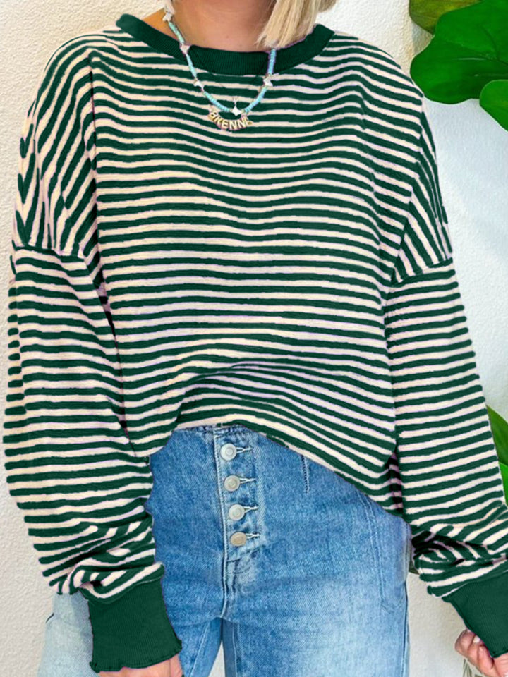 Striped Round Neck Long Sleeve Sweatshirt Dark Green