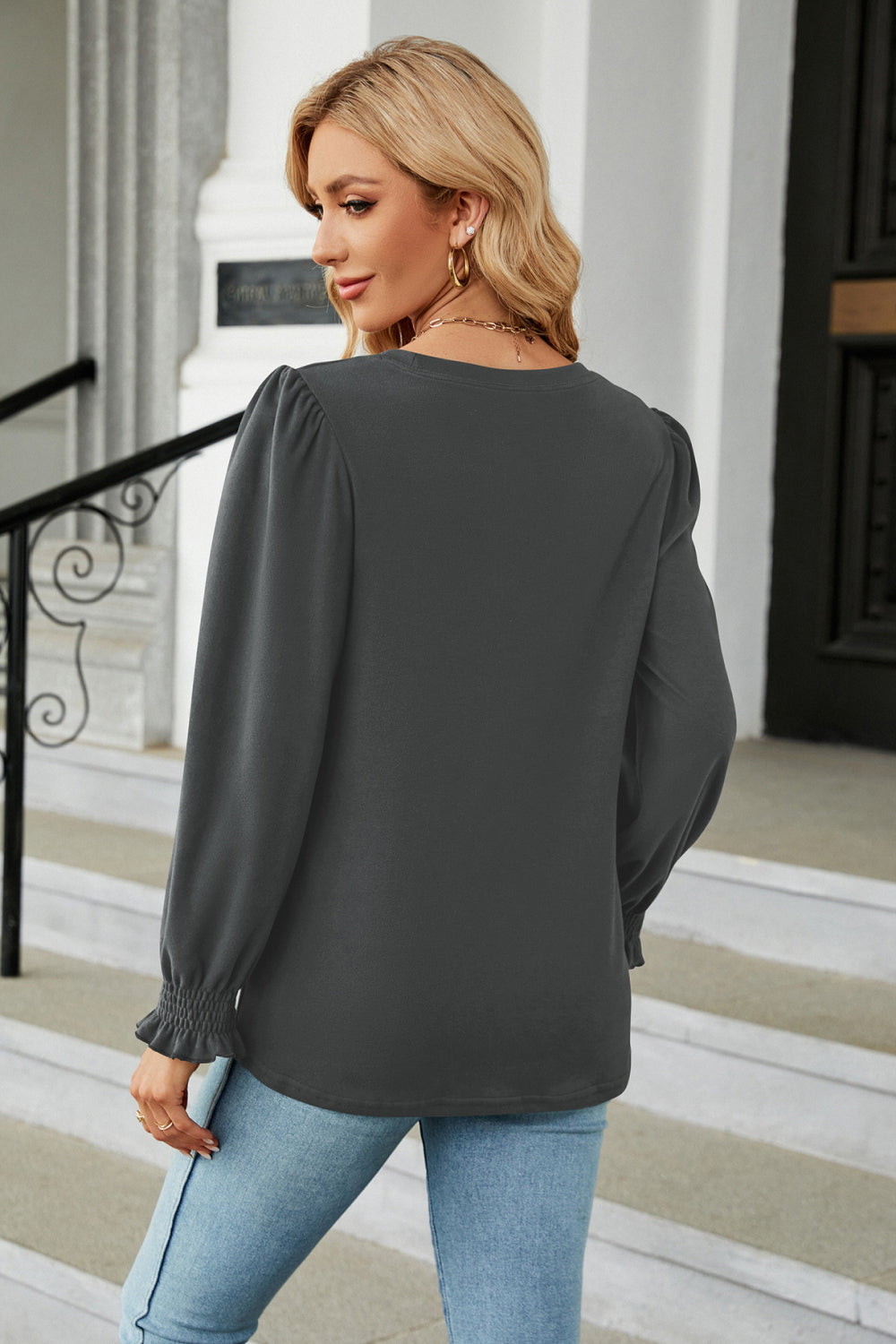 Round Neck Smocked Flounce Sleeve Blouse