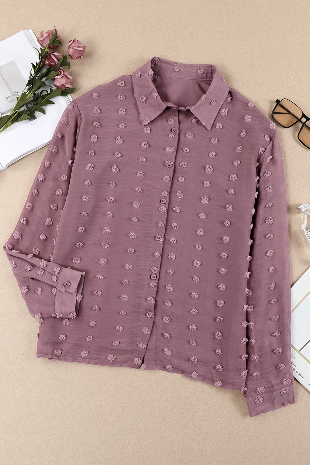 Swiss Dot Button Up Long Sleeve Shirt - Thandynie