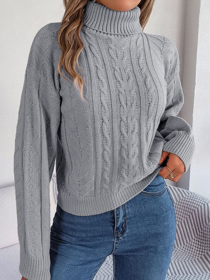 Cable-Knit Turtleneck Sweater Light Gray