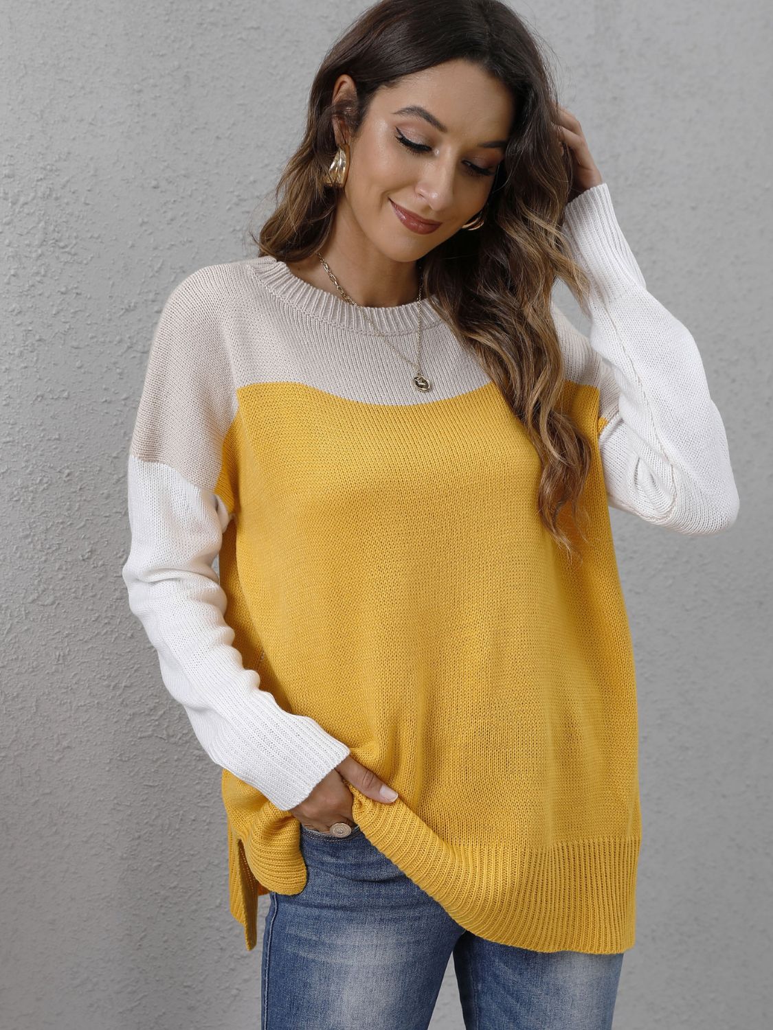 Color Block Round Neck Dropped Shoulder Sweater Banana Yellow